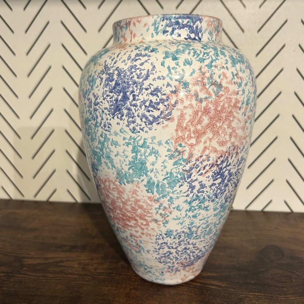 Vintage Pier 1 Italy Spongeware Ceramic Vase 10″ Pastel Speckled Home Decor 90's